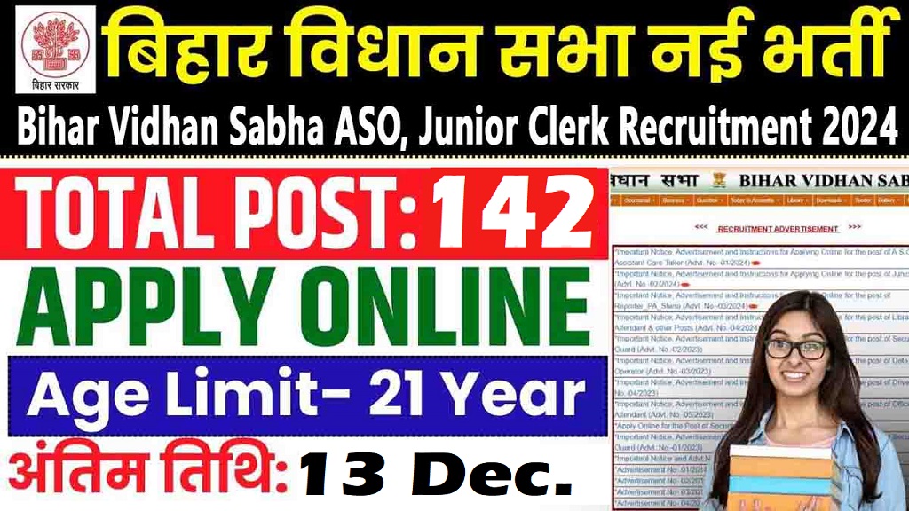 Bihar Vidhan Sabha ASO, Junior Clerk Recruitment 2024 For 142 Various Post